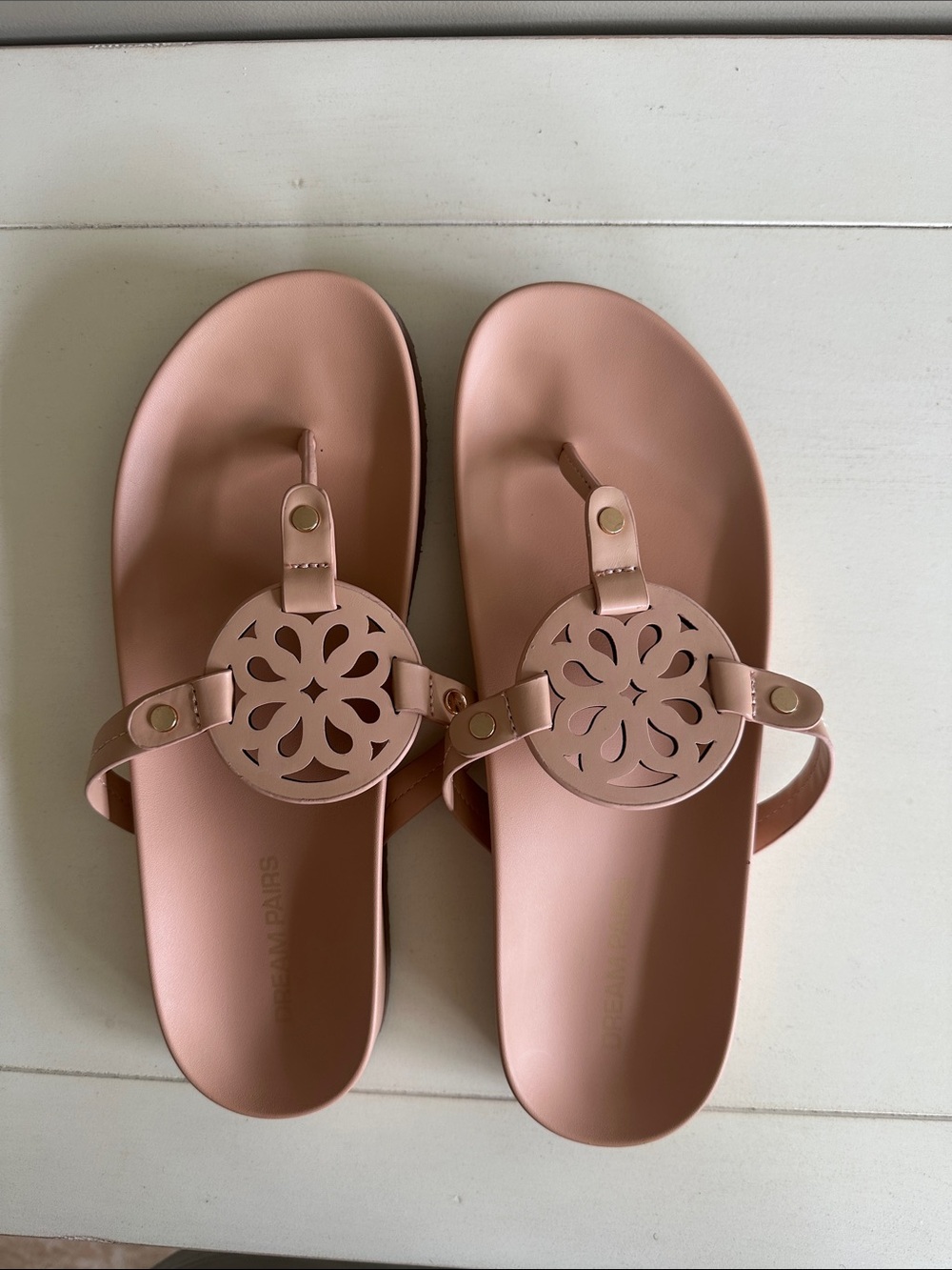 Dream Pairs Floral Cutout Toe-Post Sandals in Tan